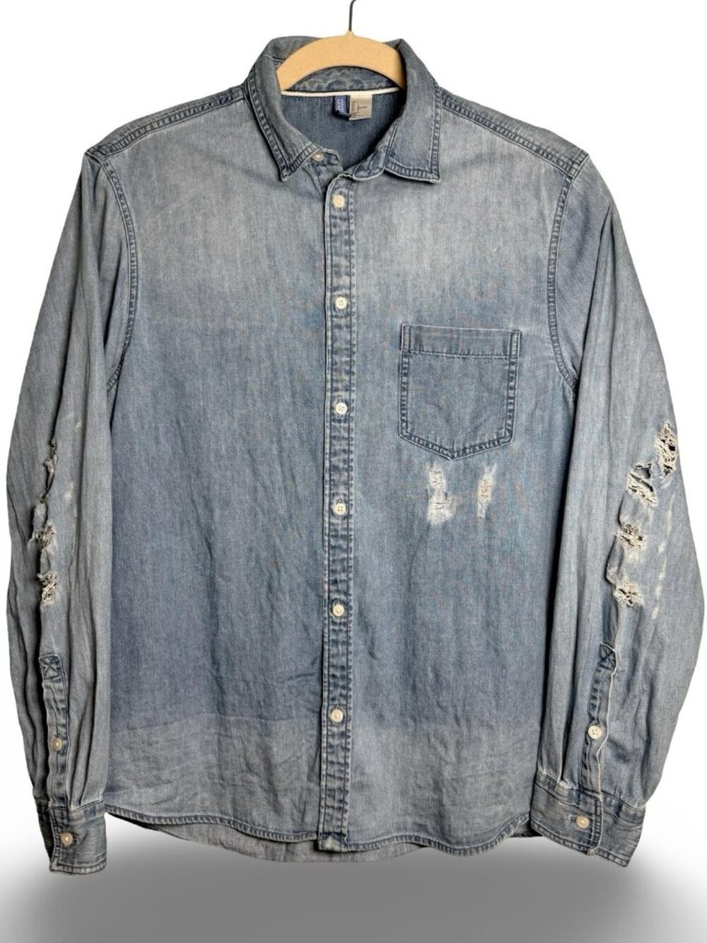 H&M Divided Denim Shirt Men L Blue Ombre Distressed Button Up Long Sleeve Grunge